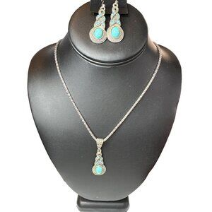 Western Blue Turquoise Dangle Pendant Chain Necklace Hook Earring Jewelry Set